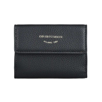 【EMPORIO ARMANI】EMPORIO ARMANI MyEA LOGO釦式小牛皮1卡燙金字荔枝紋三折短夾(黑)