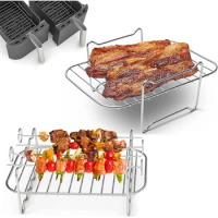 Air Fryer Stainless Steel Grill Single or Double Layer Basket with Barbecue Sticks for Double Basket Air Fryers Oven Microwave