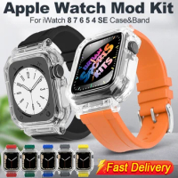 Transparent Mod Kit Case For Apple Watch 45MM 44MM 40MM 41MM Leather Band For iWatch Series 8 7 6 5 4 SE Silicone Sports Strap