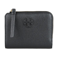 【TORY BURCH】TORY BURCH Mcgraw皮革雙T字LOGO荔枝紋小牛皮內外撞色設計6卡壓釦式拉鍊零錢短夾(黑)