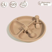 Scratch & Wear Resistant 3/4Pcs Baby Silicone Dining Plate Spoon Fork Set Cute Smile Children Bottom