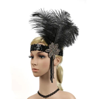 1920's Flapper Girl Gatsby Headband Vintage Feather with Rhinestone Women Costume Party Dress Accessories