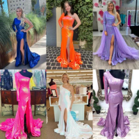 Sequins Prom Dress 2k23 with One Sleeve Mermaid Lady Miss Pageant Gown Formal Party Met Gala One Shoulder High Split Side