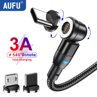 AUFU 540 Rotate Magnetic Micro USB Cable For iPhone Xiaomi 3A Fast Charging Data Wire Cord Magnet Quick Charge USB Type C Cable