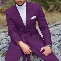 20 Color Fashion Purple Suits for Men Wedding Groomsmen Groom Tuxedo Tailor-made Double Breasted Pink Blazer Pants Belt Set 3Pcs