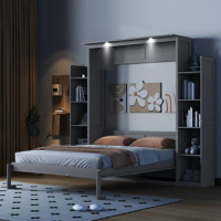 Queen Size Murphy Bed Wall Bed with Shelves and LED Lights, easy to assemble，sturdy construction， white/grey