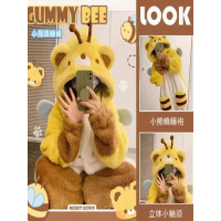 Little Bee Bear Nightgown for Women Spring Autumn Winter Pajamas for Men Couples Coral Fleece Warm H