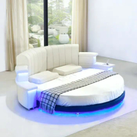 Genuine Leather multifunctional round bed frame Nordic camas ultimate bed With LED light Bluetooth speaker Iphone charger USB