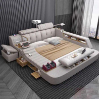 High End Villa Bed Frames Queen Modern White Leather Platform Modern Luxury Bed Frame Girl Storage Camas De Casal Furniture