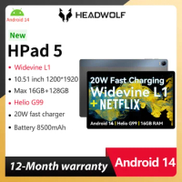 Headwolf HPad 5 Android 14 Tablet 10.5 inch Max 16GB RAM 128GB ROM Phone Tablet PC Widevine L1 Battery 8500 mAh Camera 8MP+20MP