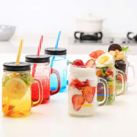 Gradient Blue Letter Glass Cup Mason Jar Mug with Lid&amp;straw Creative Ice Cream Fruit Cold Drinking Glass Smoothie Coffee Cupgift
