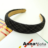 【AnnaSofia】韓式寬髮箍髮飾-韓系毛呢鋪棉 現貨(黑底斜金絲系)