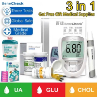 BeneCheck 3in1 Blood Glucose&amp;Uric Acid&amp;Cholesterol Meter Household Glucometer Kit Diabetes Gout Tester Monitor Device&amp;Test Strip