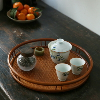 竹編茶盤果盤 茶室托盤奉茶中式復古 圓形席面茶配件手工 仿古