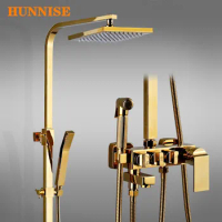 Gold Bathroom Shower Set Luxury Golden Thermostatic Shower System Stainless Steel Shower Head Brass Bathroom Shower Mixer Set