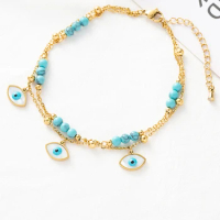 1 set of Turquoise inlaid star devil's eye lady's ankle chain stainless steel plated 18K gold ankle layered chain chain