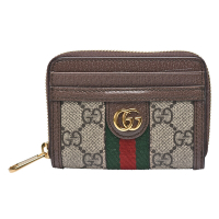 GUCCI 古馳 經典Ophidia GG印花帆布牛皮飾邊拉鍊零錢包(棕)