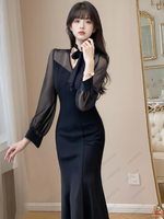 尾牙禮服 洋裝 高級感黑色氣質連衣裙2024秋季新款法式宴會禮服長款魚尾裙1921交換禮物 三木優選