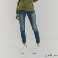 【Arnold Palmer 雨傘】女裝-單色繡花基本款合身牛仔褲(藍色)