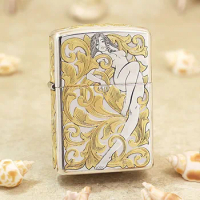 Genuine Zippo oil lighter Gold inlaid Tang Grass Fairy Armor sterling silver windproof cigarette Kerosene lighters