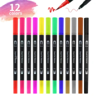 12 Colors Artist Coloring Marker Pens Fine Brush Dual Tip Pen Art Supplier for Manga Coloring Books Drawing Planner Scrapbook