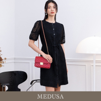 現貨【MEDUSA 曼度莎】黑色蕾絲燒花開襟綁帶小洋裝（M-XL）｜小禮服 蕾絲洋裝 短袖洋裝