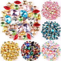 Gold claw setting 50pcs/bag shapes mix clear &amp; jelly candy AB glass crystal sew on rhinestone wedding dress shoes bags diy trim