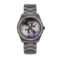 【GUESS】黑灰殼 炫彩錶盤 鐵灰水鑽邊框 不鏽鋼錶帶 女錶 母親節(W1201L4)