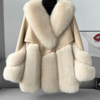 fur large fur collar fur coat for women with thick down and medium length patchwork sheepskin coat, fashionable and slimming