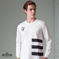 oillio歐洲貴族 男裝 長袖全棉圓領T恤 舒適超彈力 三橫條款 品牌繡標 白色 法國品牌