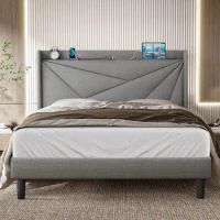 King Size Bed Frame w/ Storage Headboard,Upholstered Platform Bed Frame w/ Charging Station, Mattress Foundation w/ Wooden Slats