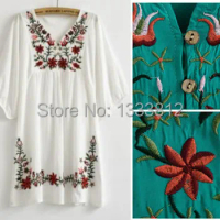 Vintage 70s Mexican Ethnic Flower EMBROIDERY Dresses Women BOHO Hippie Casual Dress Women Clothing Women Vestidos