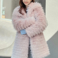2024 winter new Young fur lapel medium length fur coat for women fur stripes coat,faux fox fur fashion elegant coat