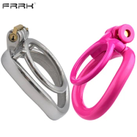 FRRK Stainless Steel Shaft Ring Chastity Device for Couple Plastic Sissies Pink Male Cock Cage with 4 Penis Rings Adults 18+