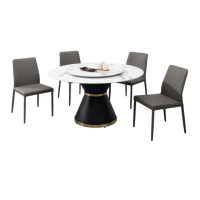 【文創集】吉蒂4.3尺岩板轉盤式圓餐桌皮革椅組合(一桌四椅組合)