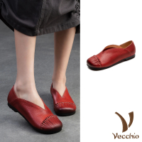 【Vecchio】真皮便鞋 低跟便鞋/全真皮頭層牛皮手工縫線拼接V口舒適低跟便鞋(紅)
