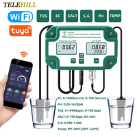 Tuya WiFi PH Meter PH EC TDS SALT S.G.Temp Meter Aquarium Smart Home Real-time Water Quality Monitor Test APP Control US/EU Plug