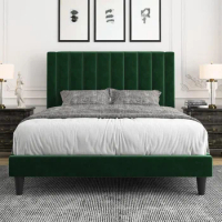 Queen Bed Frame/Velvet Upholstered Bed Frame with Vertical Channel Tufted Headboard/Strong Wooden Slats/Platform Bed Frame