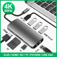 USB C HUB 4K60Hz Type C to HDMI2.0 RJ45 PD 100W Adapter Docking station For Macbook iPad Pro Air M2 M1 Sumsang USB 3.0 HUB
