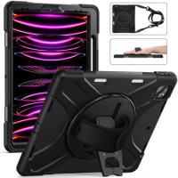 Case for iPad Pro 12.9 3rd 4th 5th 6th Drop Protection Heavy Duty Shockproof 360 Kickstand Hand Strap Kid Adult Black