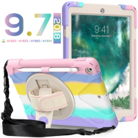Silicone Case with 360 Rotating Kickstand and Shoulder Strap for iPad 9.7 Shockproof Case 2017 2018 6th Gen Durable Cover+Pen