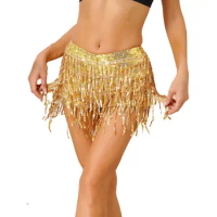Womens Sequin Mini Hip Skirts Belly Dance Shorts Booty Tiered Tassel Hot Pants Jazz Disco Nightclub Rave Bottoms Halloween Dress