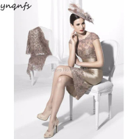 YNQNFS M92 Sheat Satin Two Piece Mother of the Bride Gown with Lace Jacket Groom Outfits Champagne Wedding Party Guest Dress