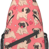 Funny Cartoon Pug Puppy Dog Heart Pink Sling Backpack Crossbody Sling Bag Travel Chest Daypack Hiking Shoulder Bag for Women Men
