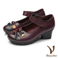 【Vecchio】真皮頭層牛皮民族風印花蝴蝶結魔鬼粘粗跟娃娃鞋(紫)