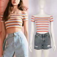Áo Phông Trễ Vai Kẻ Sọc Nhiều Màu Cùng Kiểu Dáng Với Lisa Sao Hàn Quốc Blackpink Áo Trễ Vai Kiểu Ngắ