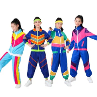 Kids Retro Disco Cosplay Costume Girls Sportswear Jacket Pants Headband Outfits Halloween Children Vintage Carnival Party Suit