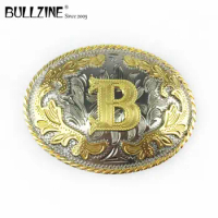 The Bullzine western flower with letter "B" belt buckle with silver and gold finish FP-03702-B for 4cm width snap on belt