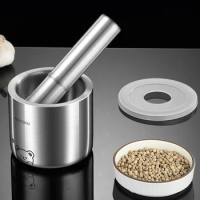 Stainless Steel Spice Grinding Pestle and Mortar with Lid Rust Resistant Garlic Herb Pepper Grinder Food Mills Kitchen Utensil