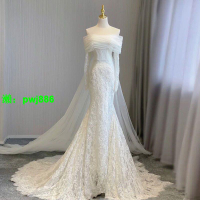 魚尾蕾絲輕婚紗2024新款新娘結婚主紗高級感法式一字肩迎賓出門紗